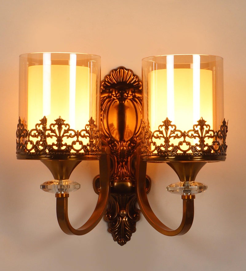 ELIANTE Saye Modern Double Wall Light | Gold Finish Iron with Golden Glass Shades | E27 Holder | Decorative Wall Lamp for Bedroom, Dining & Living Room | Free Bulb Included | 3 Years Warranty - Image 4