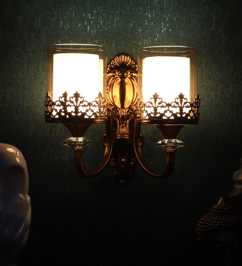 ELIANTE Saye Modern Double Wall Light | Gold Finish Iron with Golden Glass Shades | E27 Holder | Decorative Wall Lamp for Bedroom, Dining & Living Room | Free Bulb Included | 3 Years Warranty - Image 3