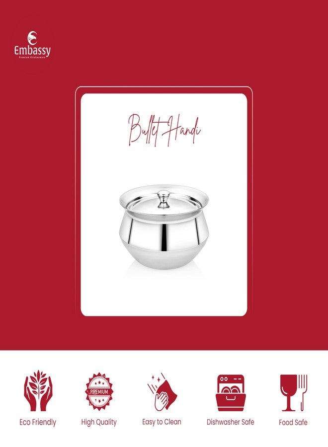Embassy Stainless Steel Bullet Handi/Cooking Pot with Lid | 3.4 Litre | Size 3 | Induction Friendly | Cook/Serve Handi | Serving Pot | Ideal for Cooking Curries/Sambar/Rice - Image 2