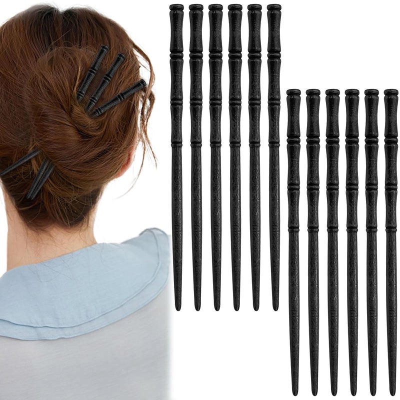 Aswewamt 12 Pcs Vintage Wood Hair Sticks Bamboo Shape Hair Chopsticks Japanese Chinese Hairpin Decorative Retro Hair Forks Hanfu Pins Bun Holders for Long Hair Women Black