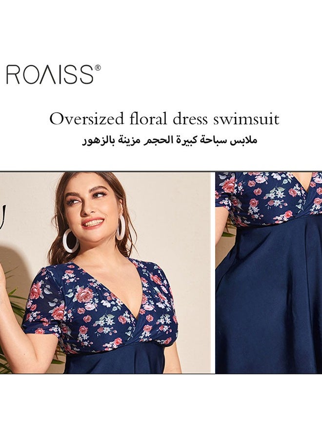 roaiss ملابس سباحة نسائية مكونة من قطعتين من نوع سبليت، تصميم كلاسيكي برقبة على شكل حرف V وأكمام قصيرة، تنورة ذات ثنيات على الخصر، تنورة عالية الارتفاع  - Image 3