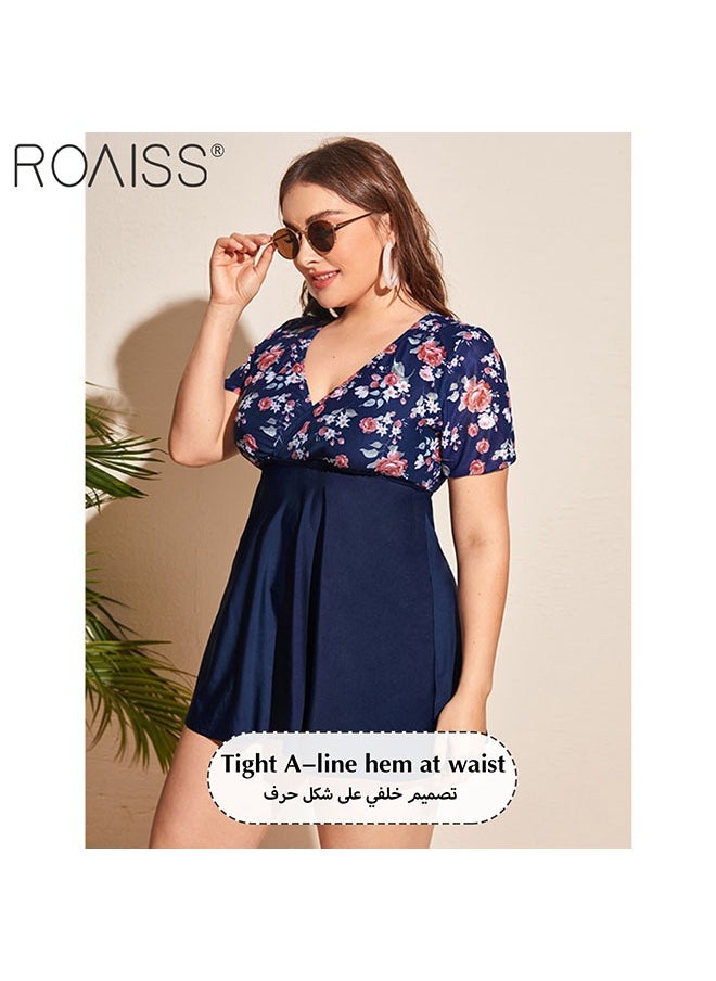 roaiss ملابس سباحة نسائية مكونة من قطعتين من نوع سبليت، تصميم كلاسيكي برقبة على شكل حرف V وأكمام قصيرة، تنورة ذات ثنيات على الخصر، تنورة عالية الارتفاع  - Image 5