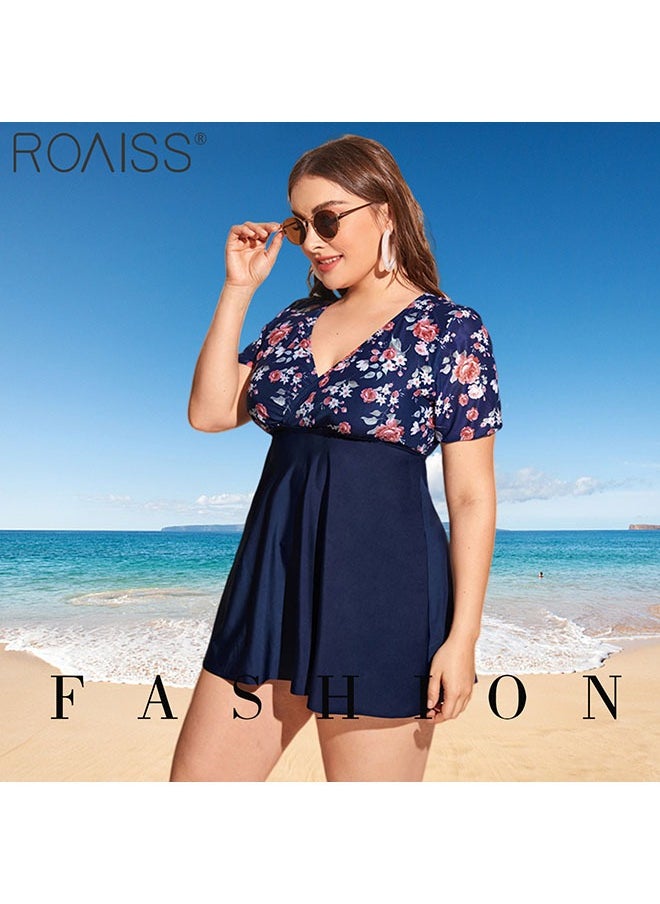 roaiss ملابس سباحة نسائية مكونة من قطعتين من نوع سبليت، تصميم كلاسيكي برقبة على شكل حرف V وأكمام قصيرة، تنورة ذات ثنيات على الخصر، تنورة عالية الارتفاع  - Image 2