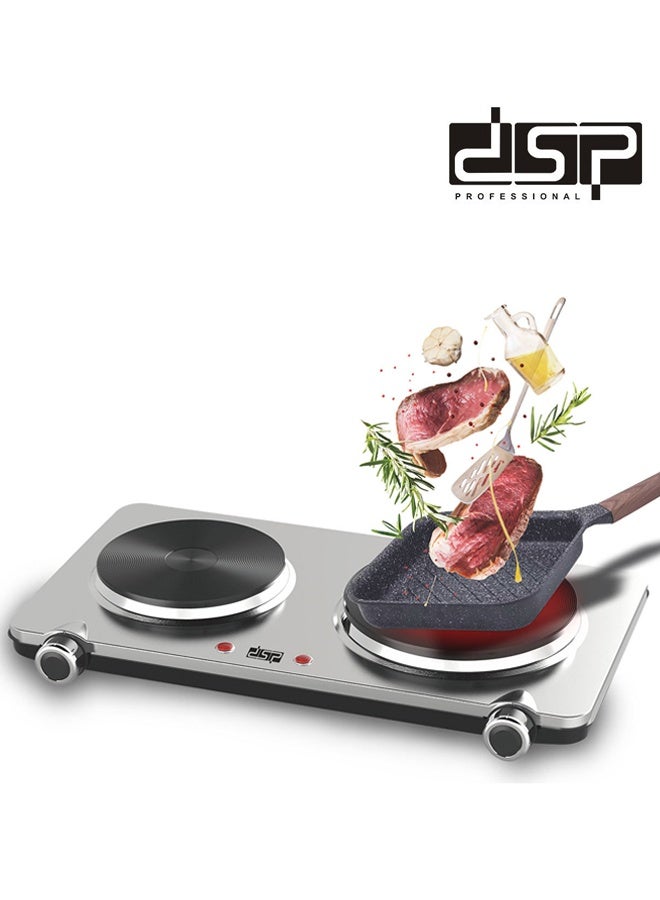 DSP Electric Countertop Double Burner, 2500W Cooktop with 7.28" and 6.10" Cast Iron Hot Plates, 6 Level Temperature Control, Indicator Lights and Easy to Clean,Stainless Steel Hot Plate for Kitchen, Dorm and Camping,KD4050,Silver - Image 1