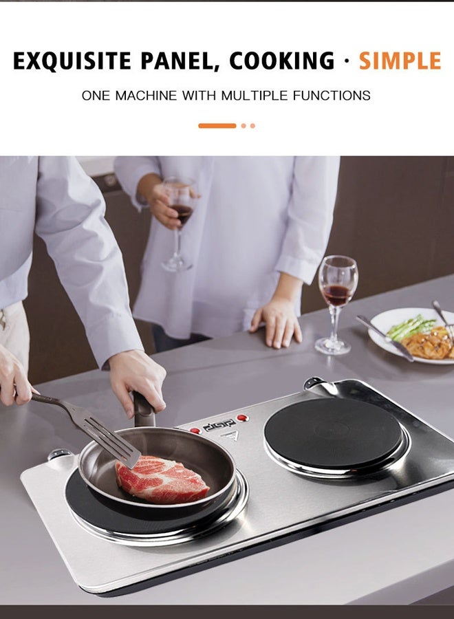 DSP Electric Countertop Double Burner, 2500W Cooktop with 7.28" and 6.10" Cast Iron Hot Plates, 6 Level Temperature Control, Indicator Lights and Easy to Clean,Stainless Steel Hot Plate for Kitchen, Dorm and Camping,KD4050,Silver - Image 4