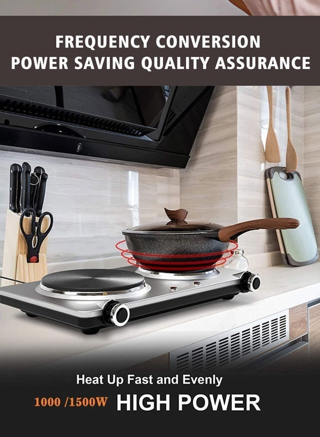 DSP Electric Countertop Double Burner, 2500W Cooktop with 7.28" and 6.10" Cast Iron Hot Plates, 6 Level Temperature Control, Indicator Lights and Easy to Clean,Stainless Steel Hot Plate for Kitchen, Dorm and Camping,KD4050,Silver - Image 3