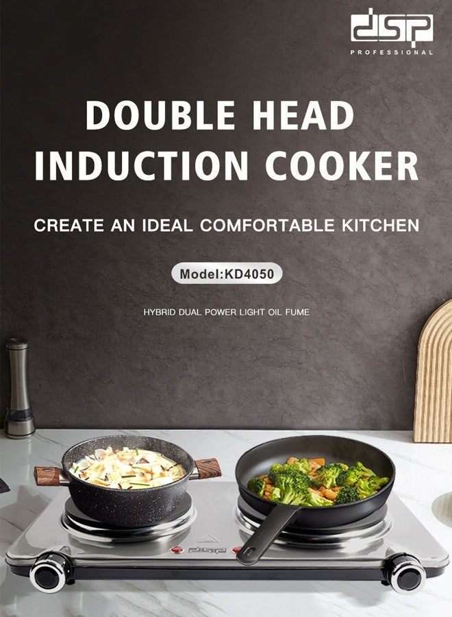 DSP Electric Countertop Double Burner, 2500W Cooktop with 7.28" and 6.10" Cast Iron Hot Plates, 6 Level Temperature Control, Indicator Lights and Easy to Clean,Stainless Steel Hot Plate for Kitchen, Dorm and Camping,KD4050,Silver - Image 2