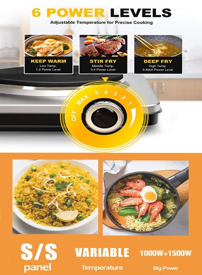 DSP Electric Countertop Double Burner, 2500W Cooktop with 7.28" and 6.10" Cast Iron Hot Plates, 6 Level Temperature Control, Indicator Lights and Easy to Clean,Stainless Steel Hot Plate for Kitchen, Dorm and Camping,KD4050,Silver - Image 4