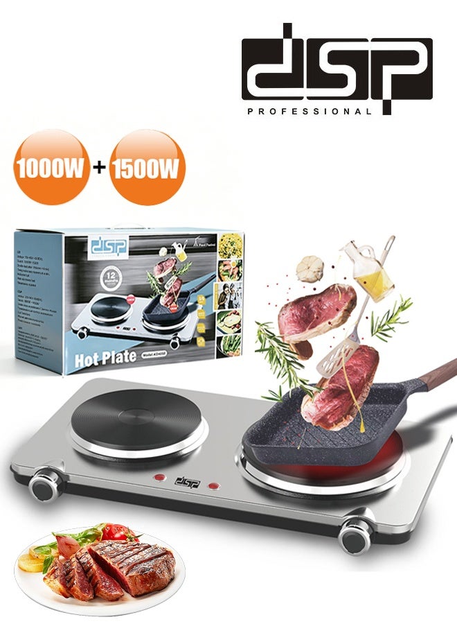 DSP Electric Countertop Double Burner, 2500W Cooktop with 7.28" and 6.10" Cast Iron Hot Plates, 6 Level Temperature Control, Indicator Lights and Easy to Clean,Stainless Steel Hot Plate for Kitchen, Dorm and Camping,KD4050,Silver - Image 1