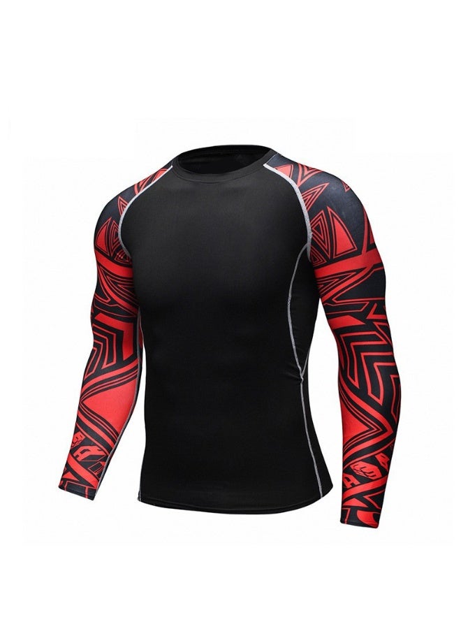 Men's Long Sleeve Fitness Print T Shirt Running Training Sports Tights Tops Fast Drying Elastic Sportswear Tees - Image 1