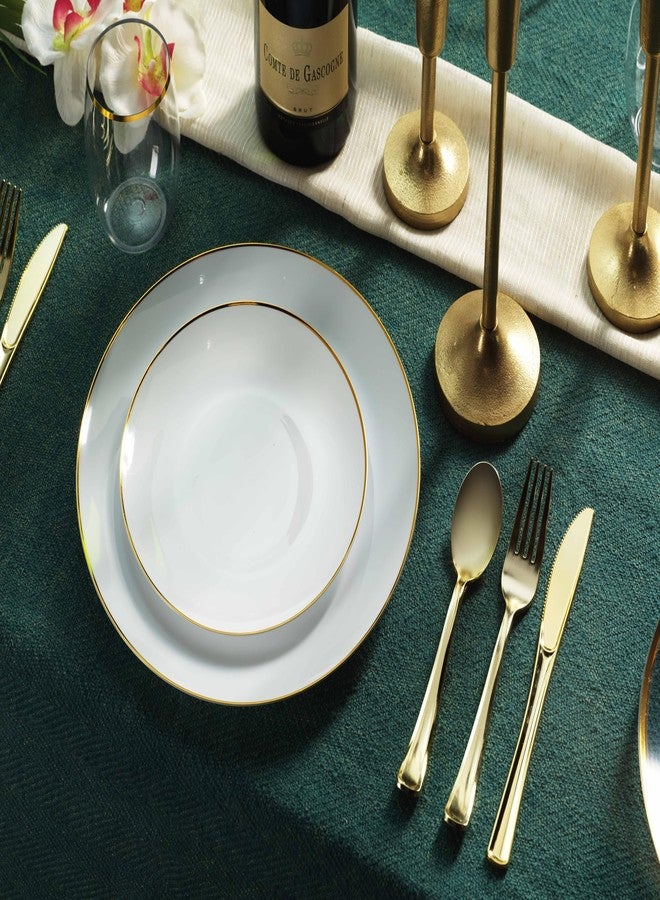 Munfix 100 Gold Plastic Plates Set, 50 Pcs 10.25 Inch Disposable Dinner and 50 Pcs 7.5 Inch Dessert Plates, Elegant Fancy Heavy Duty for Party, Wedding, White with Gold Rim - Image 3