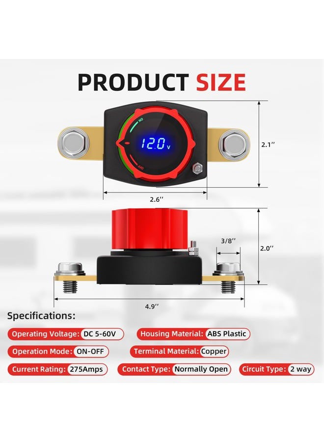 Joinfworld Side Post Battery Disconnect Switch 12V-48V with Led Voltmeter Display, DC 5-60V Battery Kill Switch Waterproof Marine Battery Cut Off Switch 12 Volt for Car RV Boat ATV UTV Vehicles - Image 2