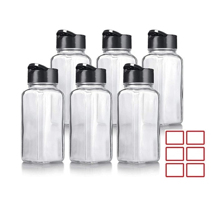 SPICE JARS WITH BLACK CAP, CLEAR AND SAFE GLASS BOTTLE CONTAINERS WITH SHAKER LIDS FOR STORING SPICE, HERBS AND SEASONING POWDERS, BPA FREE (8)
