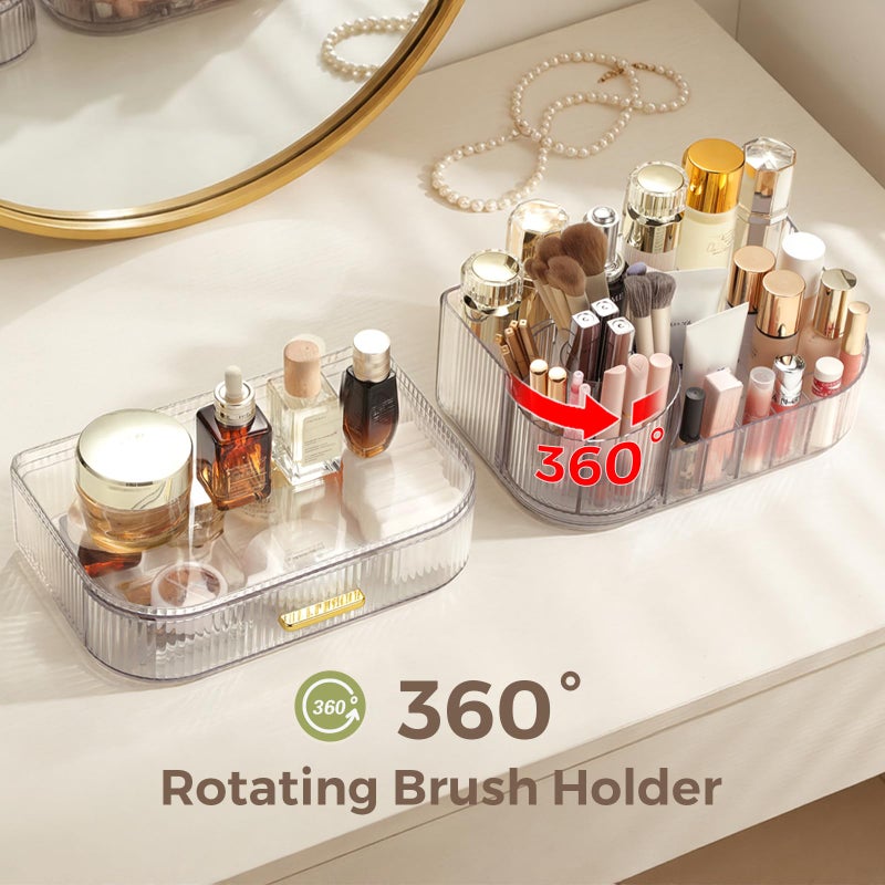 Delamu Makeup Organizer for Vanity with Stackable Drawers, 360 Rotating Makeup Brush Holder Large Cosmetic Display Case, Bathroom Skincare Storage, Crystal Clear, Ideal Christmas Gifts for Girls - Image 5