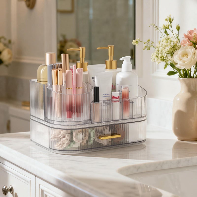 Delamu Makeup Organizer for Vanity with Stackable Drawers, 360 Rotating Makeup Brush Holder Large Cosmetic Display Case, Bathroom Skincare Storage, Crystal Clear, Ideal Christmas Gifts for Girls - Image 3