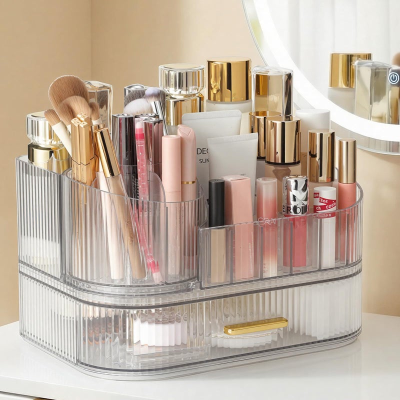 Delamu Makeup Organizer for Vanity with Stackable Drawers, 360 Rotating Makeup Brush Holder Large Cosmetic Display Case, Bathroom Skincare Storage, Crystal Clear, Ideal Christmas Gifts for Girls - Image 1