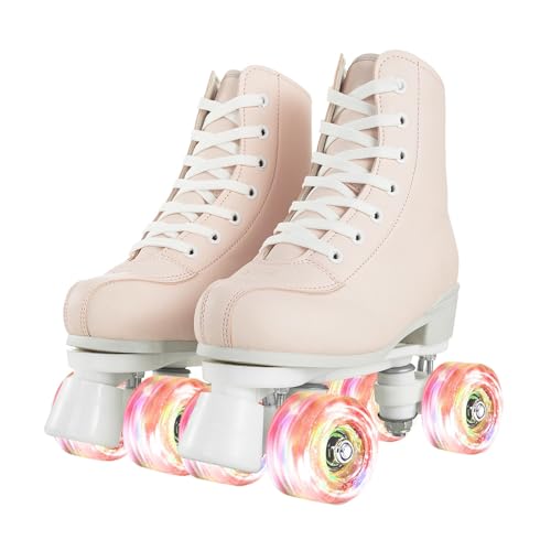 Jessie Roller Skates for Women High Top PU Leather Double-Row Skates with Light up Wheels for Adults Youth Kids Indoor and Outdoor(Light Pink Flash Wheel, 37) - Image 1