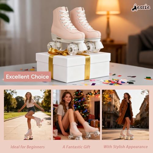 Jessie Roller Skates for Women High Top PU Leather Double-Row Skates with Light up Wheels for Adults Youth Kids Indoor and Outdoor(Light Pink Flash Wheel, 37) - Image 5