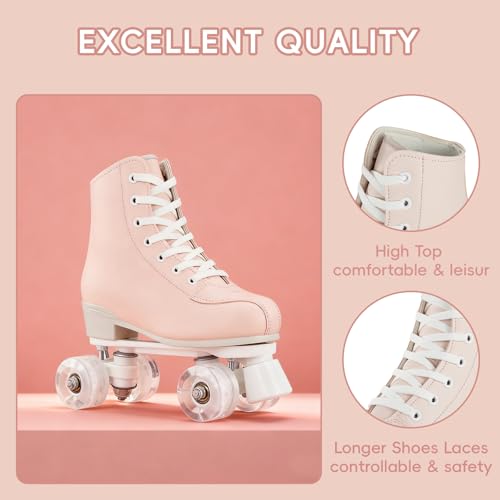Jessie Roller Skates for Women High Top PU Leather Double-Row Skates with Light up Wheels for Adults Youth Kids Indoor and Outdoor(Light Pink Flash Wheel, 37) - Image 4