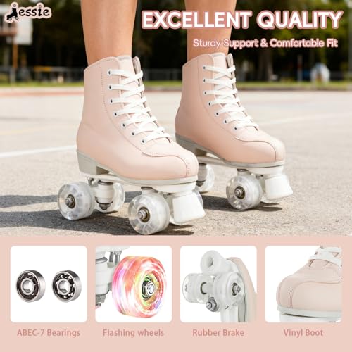 Jessie Roller Skates for Women High Top PU Leather Double-Row Skates with Light up Wheels for Adults Youth Kids Indoor and Outdoor(Light Pink Flash Wheel, 37) - Image 3