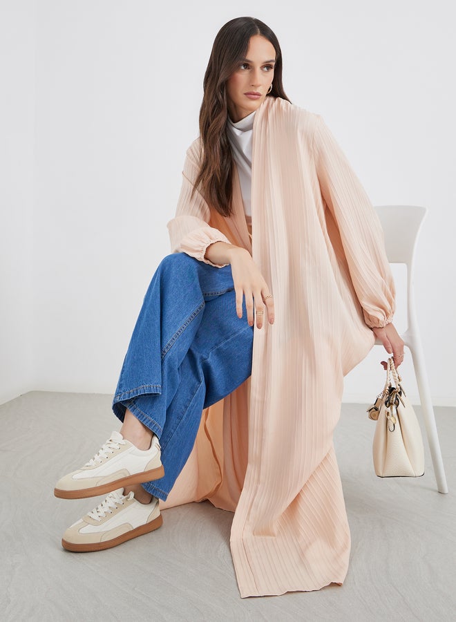 Styli Women Pink Front Open Textured Abaya - Image 1