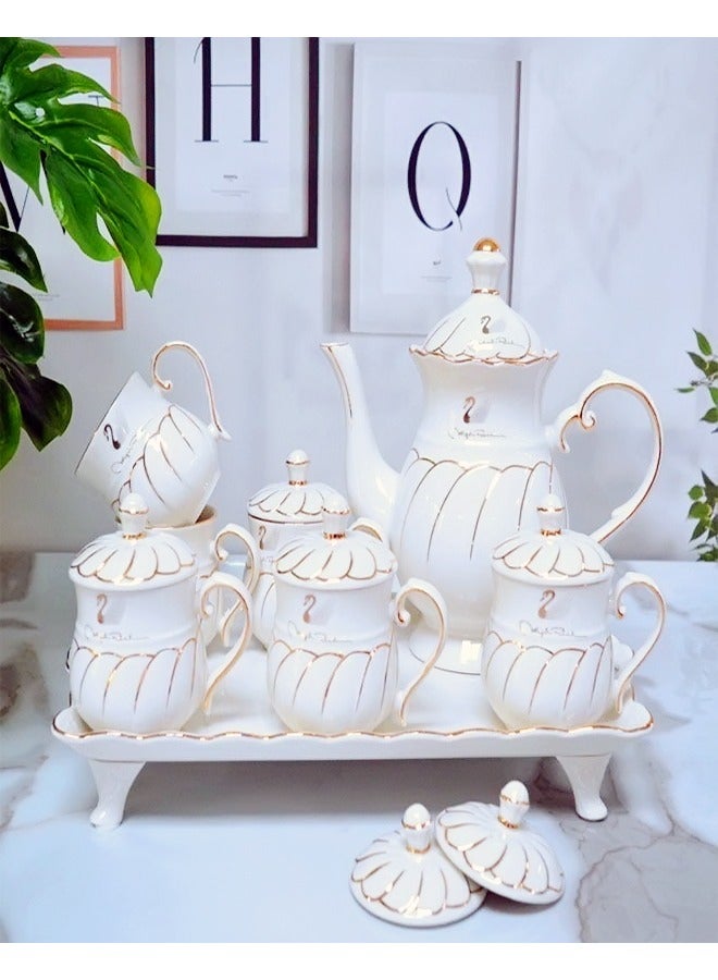 سي آند سي هوم المنزلية المحمولة الثقيلة خدمة كبيرة الخزف الأبيض إبريق الشاي 1350ML مع 6 فناجين القهوة للاستخدام اليومي  - Image 2