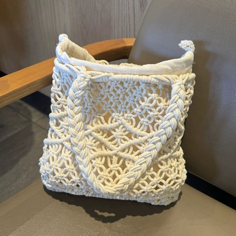 Simple One-Shoulder Handmade Cotton Woven Bag, New Versatile Straw Bag, Women'S Holiday Style Beach Bag, Tote Bag For Women - Image 4