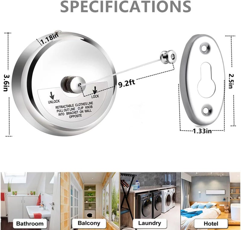 HVG TRADERS Clothesline Stainless Steel Heavy Duty 9FeetMAX for Hanging Drying in Bathroom Laundry Hotels Chrome FinishRound Style - Image 2