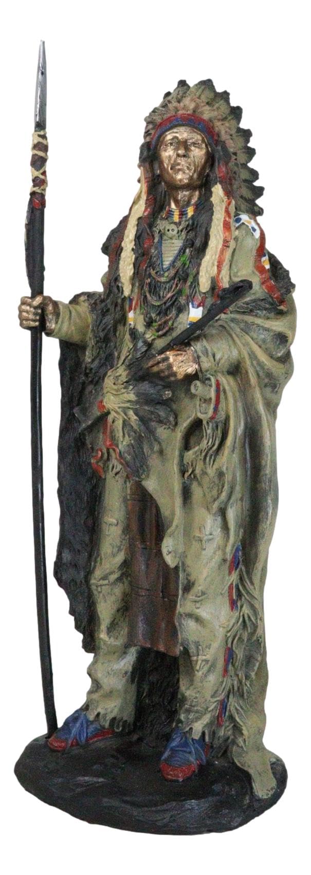 Ebros Gift Ebros Native American Indian Warrior Chief In Animal Coat and Battle Headdress Statue Strength And Wisdom Leader Of The Tribe As Home Decor Sculpture Shelf Adornment Cultural Heritage History Figurine - Image 1