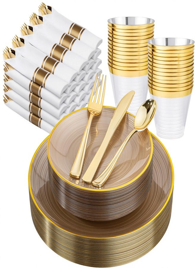 Morejoy 175PCS Yellow Plastic Plates - Disposable Gold Party Plates & Pre Rolled Napkins with Cutlery for 25 Guests, 50Plates, 75Silverware, 25Cups, 25Napkin for Party & Thanksgiving - Image 1