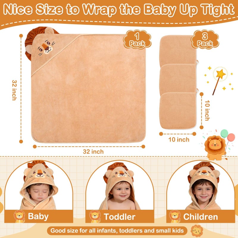 Flasoo 4 Pcs Baby Towels and Washcloths Set, Soft Hooded Bath Towel, 1 Baby Towel and 3 Baby Washcloths for Newborns, Toddlers, and Kids, 32x32 inch Baby Towel with Hood for Boy and Girl (Brown Lion) - Image 3