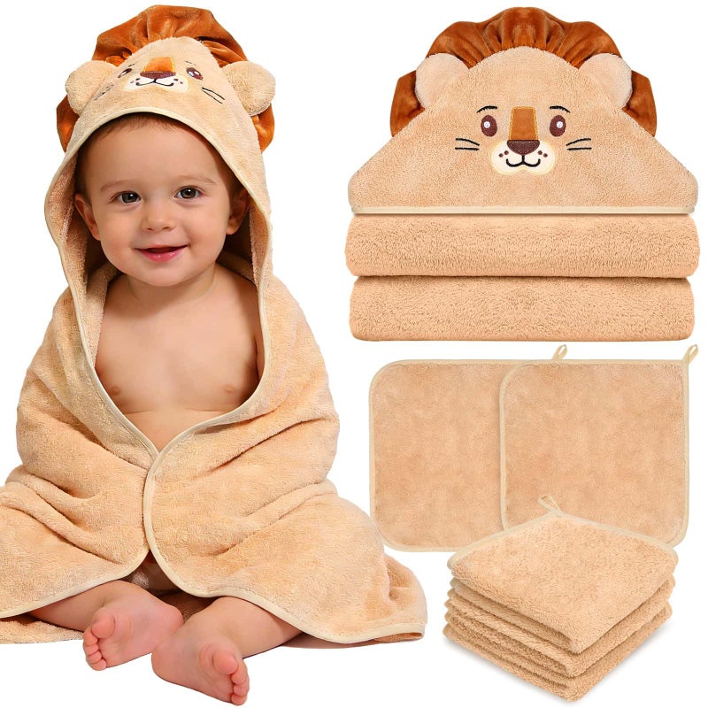 Flasoo 4 Pcs Baby Towels and Washcloths Set, Soft Hooded Bath Towel, 1 Baby Towel and 3 Baby Washcloths for Newborns, Toddlers, and Kids, 32x32 inch Baby Towel with Hood for Boy and Girl (Brown Lion) - Image 1
