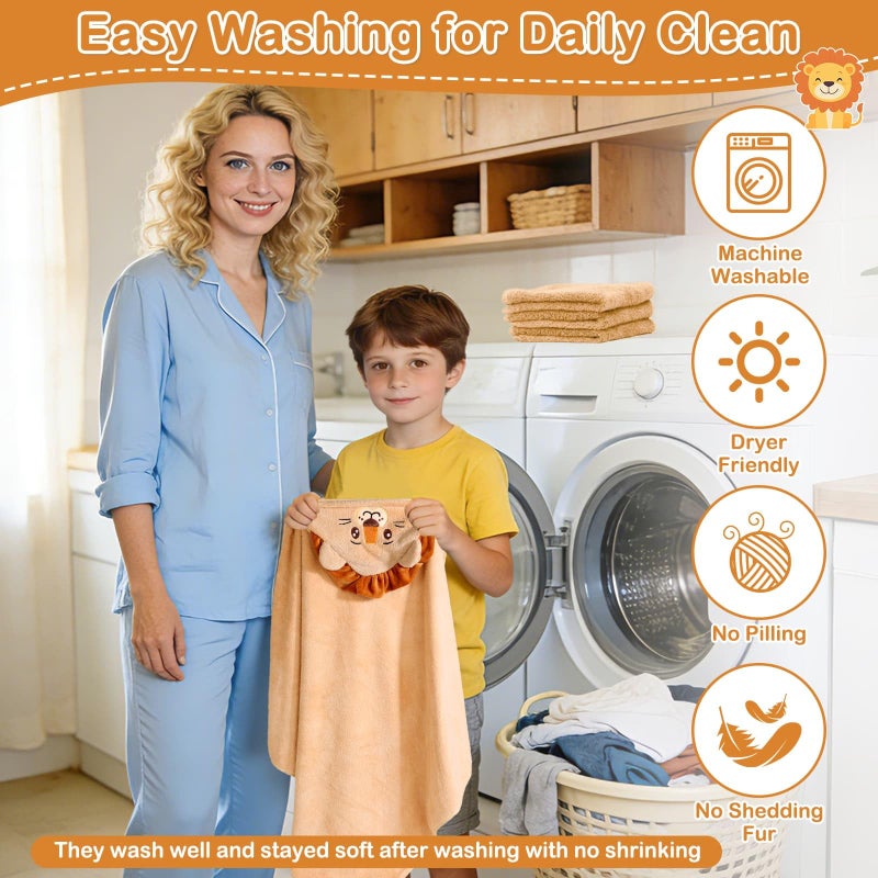 Flasoo 4 Pcs Baby Towels and Washcloths Set, Soft Hooded Bath Towel, 1 Baby Towel and 3 Baby Washcloths for Newborns, Toddlers, and Kids, 32x32 inch Baby Towel with Hood for Boy and Girl (Brown Lion) - Image 5