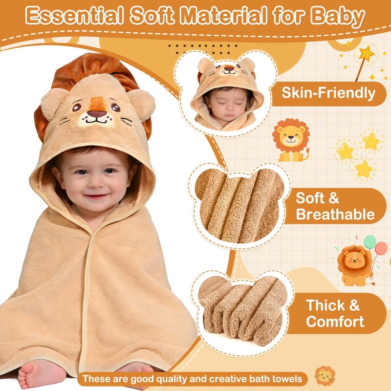 Flasoo 4 Pcs Baby Towels and Washcloths Set, Soft Hooded Bath Towel, 1 Baby Towel and 3 Baby Washcloths for Newborns, Toddlers, and Kids, 32x32 inch Baby Towel with Hood for Boy and Girl (Brown Lion) - Image 4