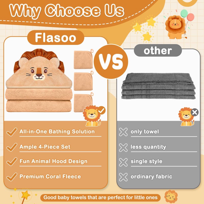 Flasoo 4 Pcs Baby Towels and Washcloths Set, Soft Hooded Bath Towel, 1 Baby Towel and 3 Baby Washcloths for Newborns, Toddlers, and Kids, 32x32 inch Baby Towel with Hood for Boy and Girl (Brown Lion) - Image 2