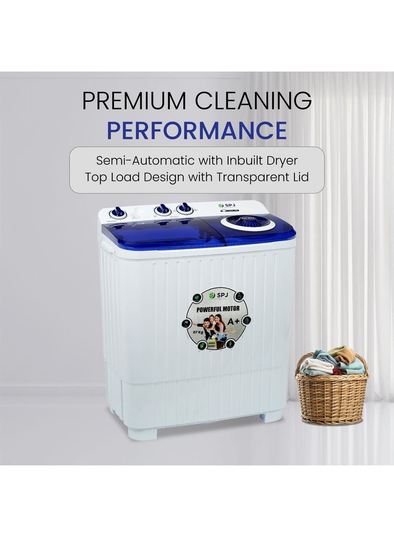 SPJ 7KG Semi Automatic Washing Machine, Less Noise, Air Jet Dry, Easy Control Top Load Semi Automatic Washing Machine, Washing Machine Automatic, Washer & Dryer and Tube Clean Function, Energy Saving  (WHITE) - Image 3