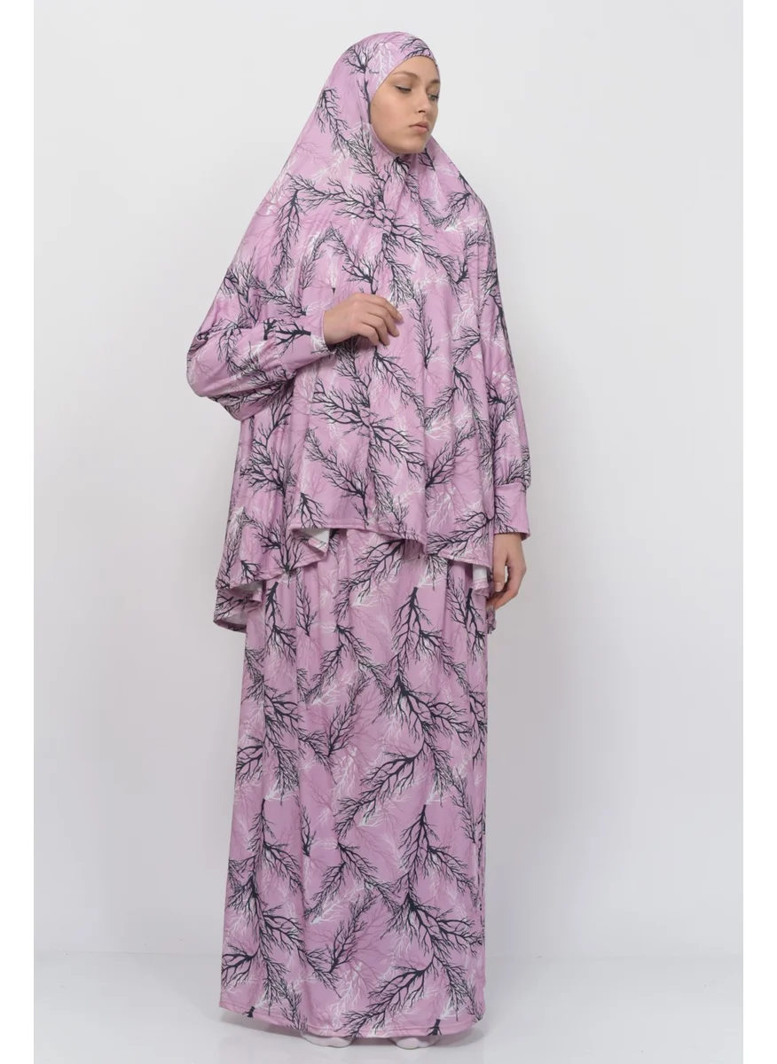 Altobeh Practical Two Piece Tree Patterned Bat Sleeves Lycra Hijab Prayer Dress with Headscarf 992-0709