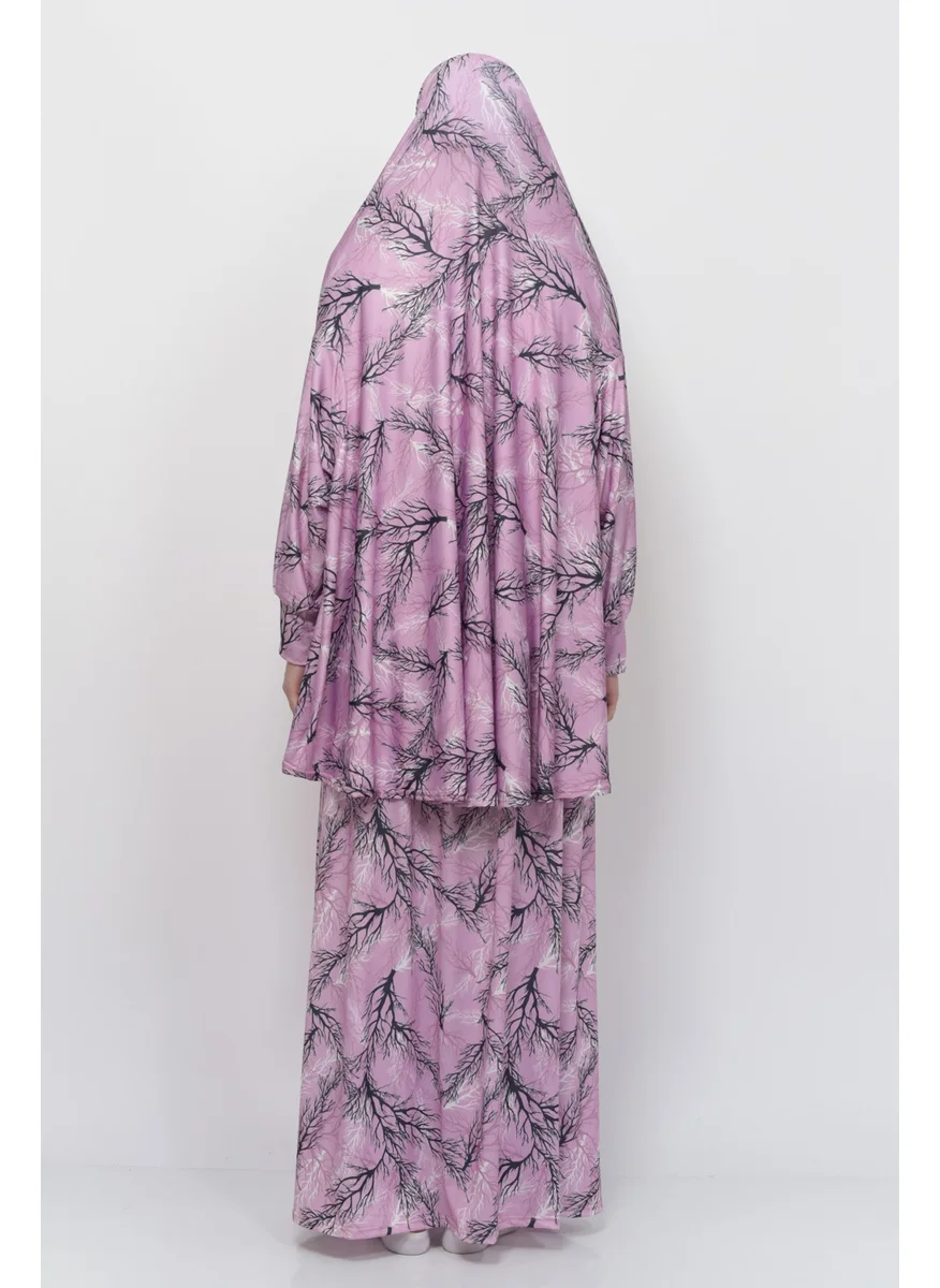 Altobeh Practical Two Piece Tree Patterned Bat Sleeves Lycra Hijab Prayer Dress with Headscarf 992-0709
