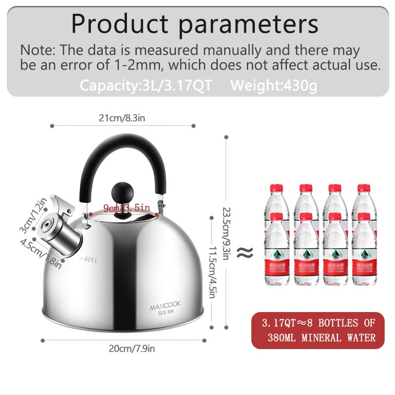 MAX COOK MAXCOOK 304 Stainless Steel Whistling Tea Kettle 3.17 Quart/3L Tea Pot, Suitable to Boiling Water & Tea on Induction Stove, Gas Stove Top - Image 5