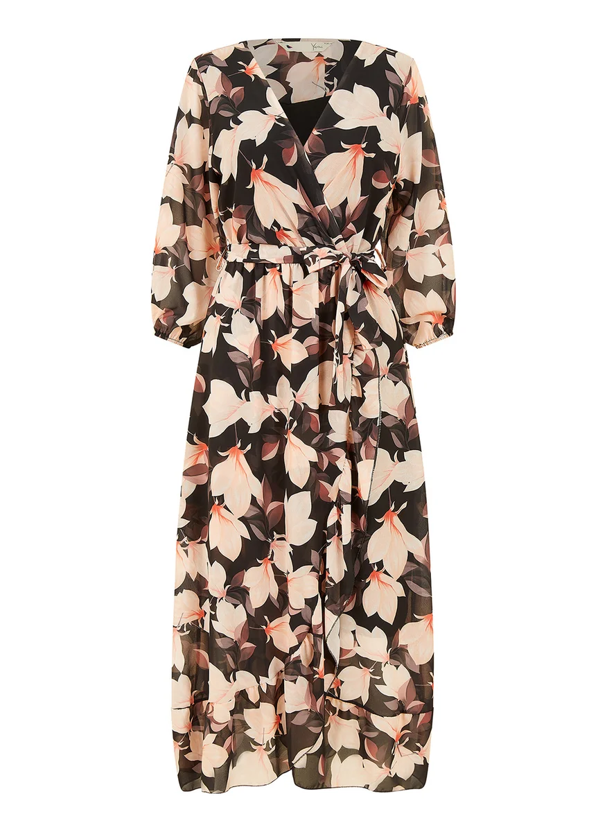 يامي Blossom Wrap Midi Dress With 3/4 Sleeves