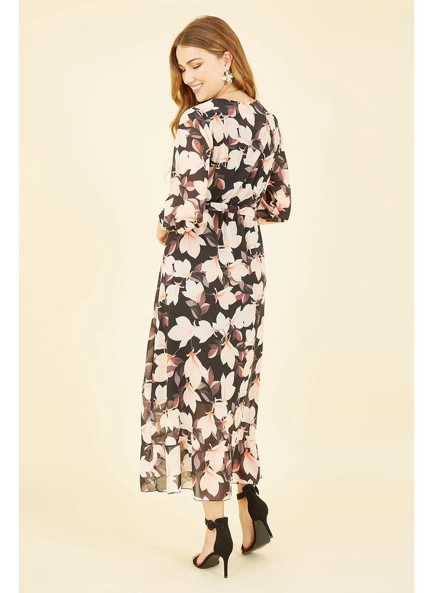 يامي Blossom Wrap Midi Dress With 3/4 Sleeves