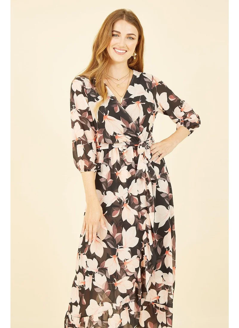 يامي Blossom Wrap Midi Dress With 3/4 Sleeves