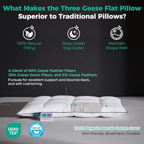 Three Geese Ultra Thin Flat Goose Down Feather Pillows for Sleeping Standard Size, 2.5" Height, 100% Cotton Cover, Ultra Slim Hotel Collection Bed Pillow for Stomach, Back Sleeper, 18x26 in. - Image 4