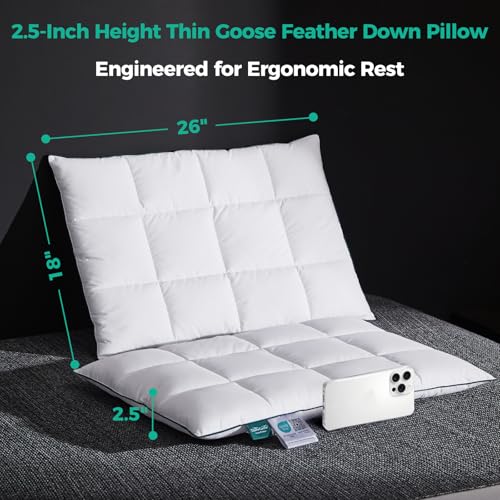Three Geese Ultra Thin Flat Goose Down Feather Pillows for Sleeping Standard Size, 2.5" Height, 100% Cotton Cover, Ultra Slim Hotel Collection Bed Pillow for Stomach, Back Sleeper, 18x26 in. - Image 3