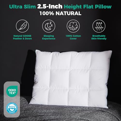 Three Geese Ultra Thin Flat Goose Down Feather Pillows for Sleeping Standard Size, 2.5" Height, 100% Cotton Cover, Ultra Slim Hotel Collection Bed Pillow for Stomach, Back Sleeper, 18x26 in. - Image 2