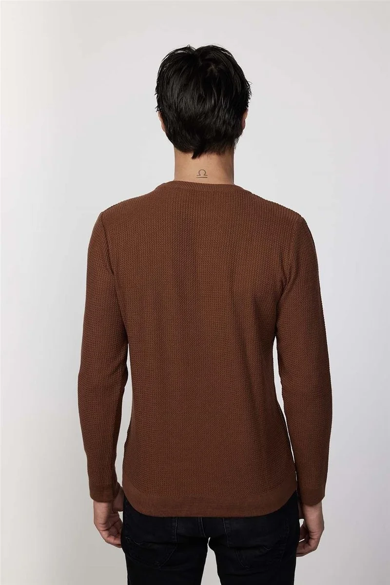 Tudors Slim Fit Crew Neck Patterned Tan Men's Sweater