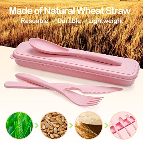 YDYTOP Reusable Travel Utensils Set with Case, 4 Sets Wheat Straw Portable Knife Fork Spoons Cutlery, Eco-Friendly BPA Free Plastic Tableware for Kids Adults Travel Picnic Camping Utensils - Image 2