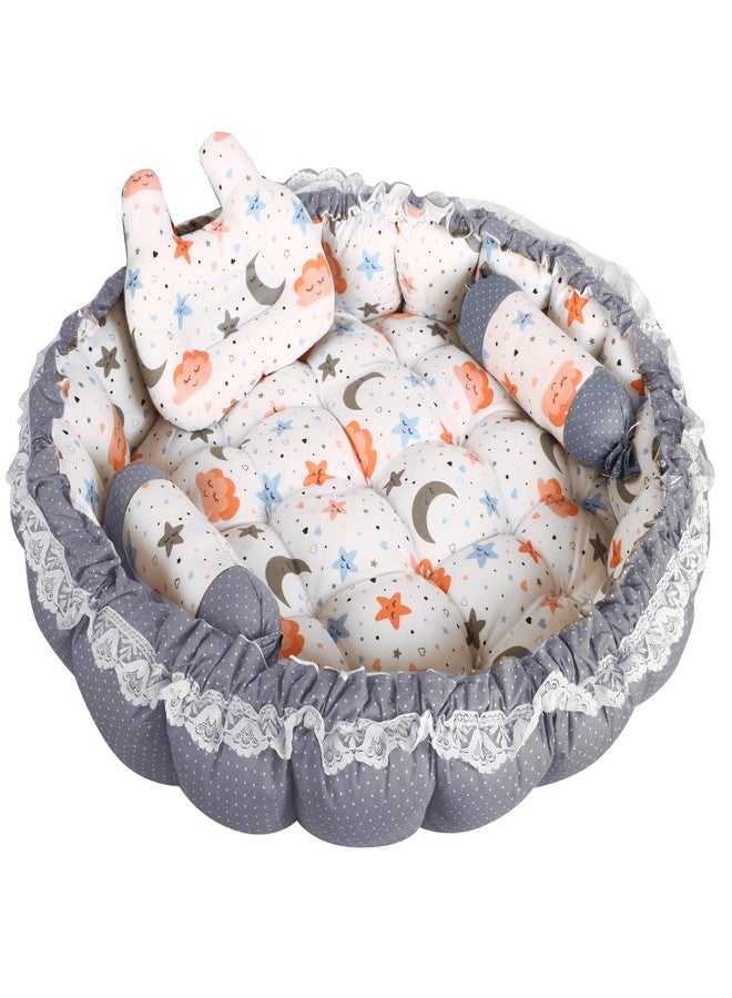 LOREM Grey & White Cotton Baby Bed Set with 3 Pillows, Mosquito Net, Stars Pattern, 30 x 30 inch, for 0-1 Year - Image 5