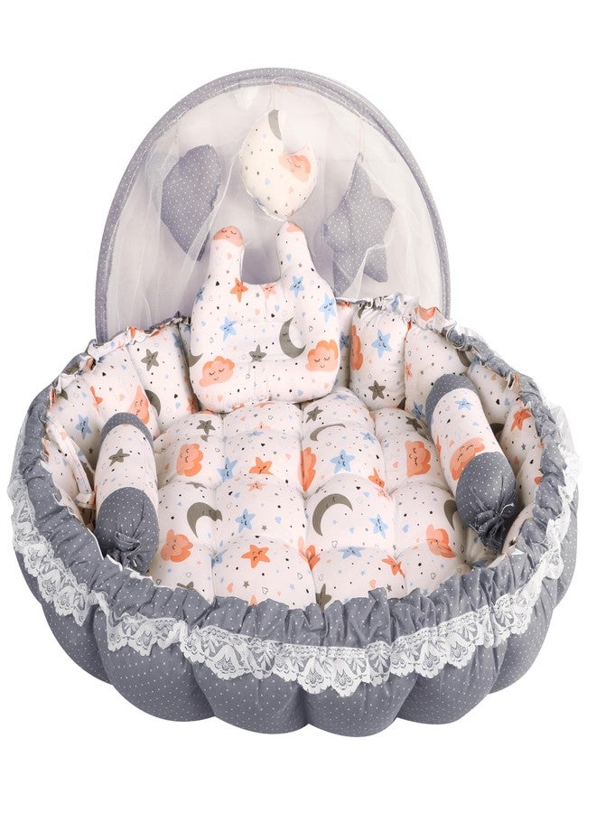 LOREM Grey & White Cotton Baby Bed Set with 3 Pillows, Mosquito Net, Stars Pattern, 30 x 30 inch, for 0-1 Year - Image 1