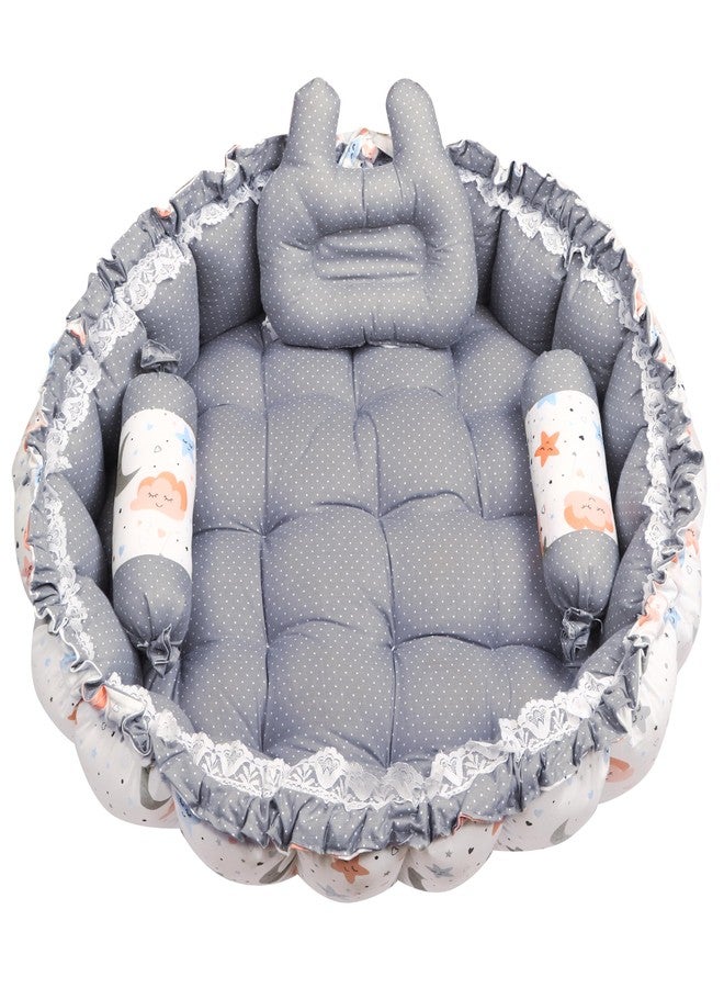 LOREM Grey & White Cotton Baby Bed Set with 3 Pillows, Mosquito Net, Stars Pattern, 30 x 30 inch, for 0-1 Year - Image 3